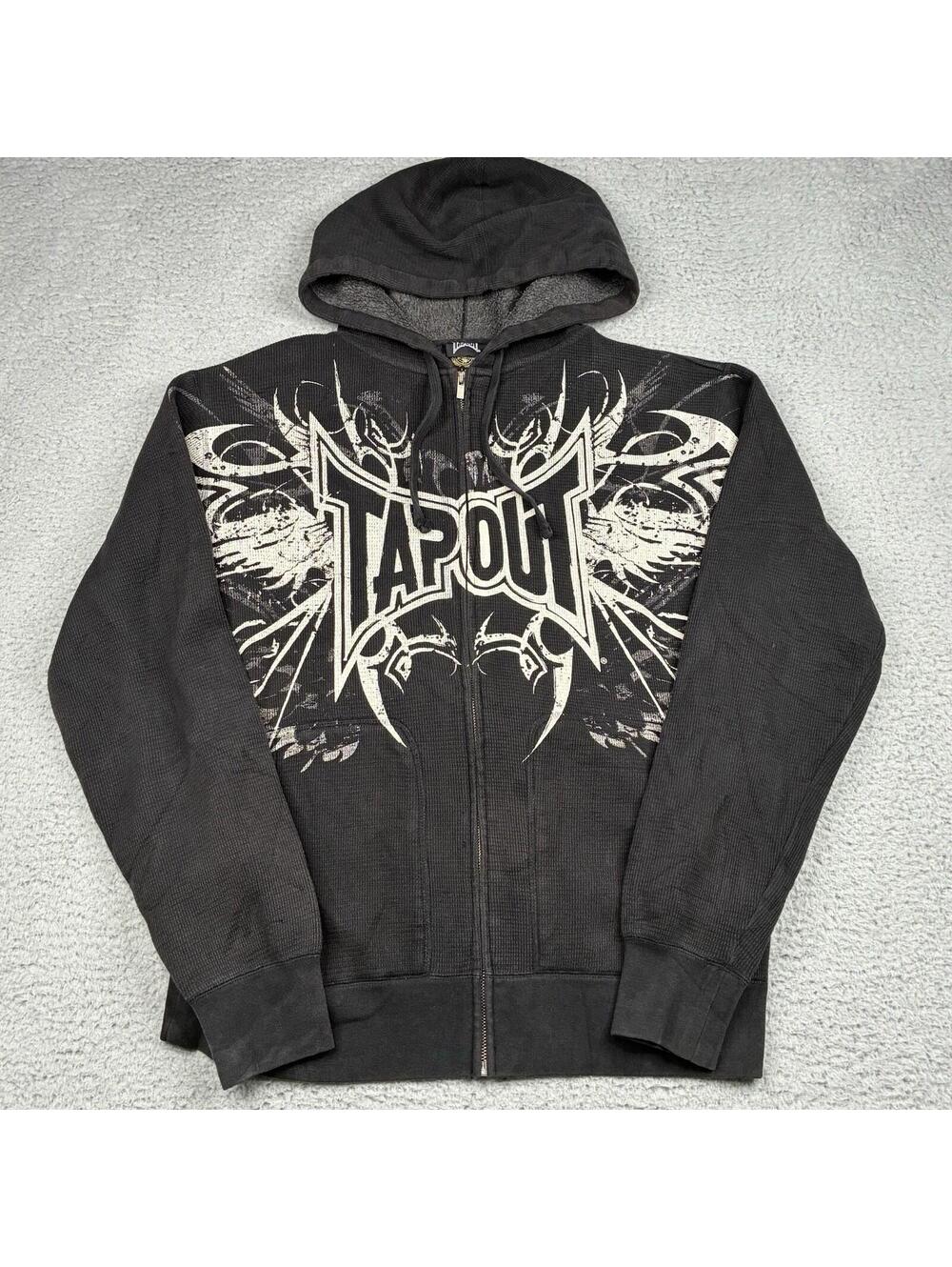 Vintage Tapout Full Zip Hoodie Mens Large Black Y2K MMA Streetwear Grunge Sherpa